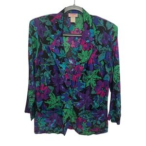 Vintage Floral Blazer Rhinestone Lapel‎ Multi-Color Rayon Sz L St. Damien Sport